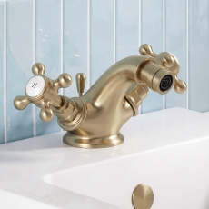 Delphi Windsor Crosshead Brushed Brass Bidet Mixer Tap (inc Waste)