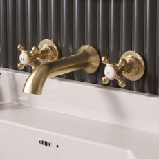 Delphi Windsor Crosshead Brushed Brass 3-Hole Wall Mounted Basin Mixer Tap