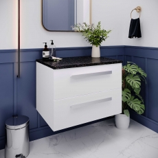 Hudson Reed Quartet Wall Hung 2-Drawer Single Vanity Unit with Sparkling Black Worktop 720mm Wide - Gloss White