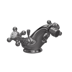Hudson Reed Topaz Hexagonal Collar Bidet Mixer Tap with Waste Crosshead Handle - White/Brushed Pewter