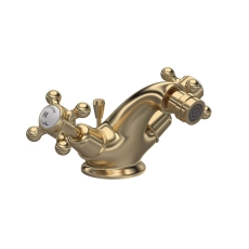 Hudson Reed Topaz Dome Collar Bidet Mixer Tap with Waste Crosshead Handle - White/Brushed Brass