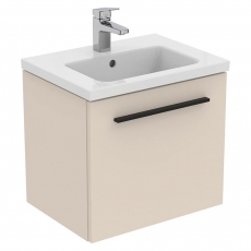 Ideal Standard I.Life S Compact Wall Hung 1-Drawer Vanity Unit with Basin and Matt Black Handle 500mm Wide - Matt Sandy Beige
