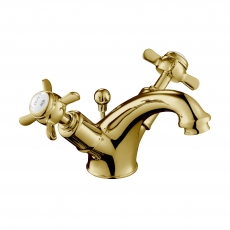 JTP Grosvenor Basin Mixer Tap with Pop Up Waste Pinch Handle - Polished Gold