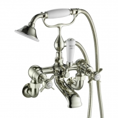 JTP Grosvenor Pinch Wall Mounted Bath Shower Mixer Tap with Shower Kit - Nickel/White