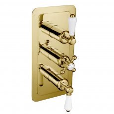 JTP Grosvenor Lever Vertical Thermostatic Concealed 2 Outlets Shower Valve Triple Handle - Polished Gold/White