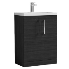 Nuie Arno Compact Floor Standing 2-Door Vanity Unit with Polymarble Basin 600mm Wide - Charcoal Black Woodgrain