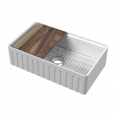 Nuie Butler Fluted Kitchen Sink 1.0 Bowl with Ledge, Chopping Board and Grid 795mm L x 460mm W - White