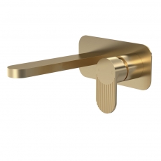 Nuie Cyprus Fluted 2-Hole Wall Mounted Basin Mixer Tap with Plate - Brushed Brass
