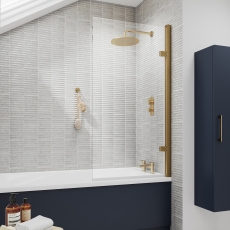 Nuie Pacific Brushed Brass Square Hinged Bath Screen 1520mm H x 830mm W - 8mm Glass