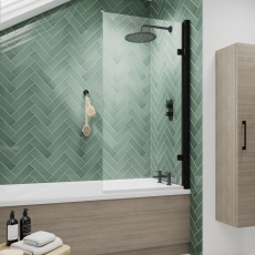 Nuie Pacific Matt Black Profile Square Hinged Bath Screen 1520mm H x 830mm W - 8mm Glass