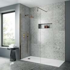 Nuie Wet Room Screen 1850mm High x 700mm Wide with Support Bar 8mm Glass - Brushed Bronze