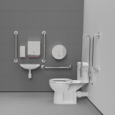 Nymas NymaCARE Rimless Close Coupled Lockable Cistern Doc M Toilet Pack with TMV3 Valve - Polished Grab Rails