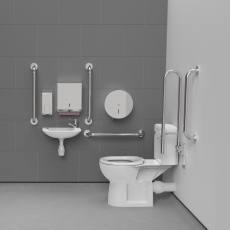 Nymas NymaCARE Rimless Close Coupled Doc M Toilet Pack with Stainless Steel Grab Rails with TMV3 Valve - Polished