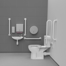 Nymas NymaCARE Rimless Close Coupled Doc M Toilet Pack with Stainless Steel Grab Rails with TMV3 Valve - White