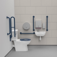 Nymas NymaCARE Premium Rimless LH Close Coupled Doc M Toilet Pack with TMV3 Valve - Dark Blue Grab Rails