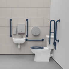 Nymas NymaCARE Premium Rimless RH Close Coupled Doc M Toilet Pack with TMV3 Valve - Dark Blue Grab Rails