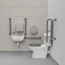 Nymas NymaCARE Premium Rimless RH Close Coupled Doc M Toilet Pack with TMV3 Valve - Grey Grab Rails