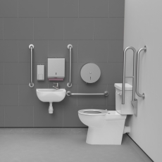 Nymas NymaCARE Premium Rimless RH Close Coupled Doc M Toilet Pack with TMV3 Valve - Satin Grab Rails