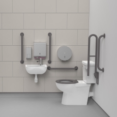 Nymas NymaCARE Premium Rimless RH Close Coupled Doc M Toilet Pack with TMV3 Tap - Grey Grab Rails