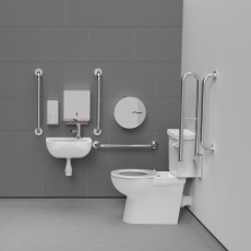Nymas NymaCARE Premium Rimless RH Close Coupled Doc M Toilet Pack with TMV3 Tap - Polished Grab Rails