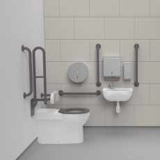 Nymas NymaCARE Premium Rimless LH Back to Wall Doc M Toilet Pack with TMV3 Tap - Grey Grab Rails