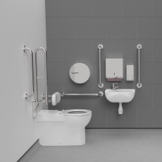 Nymas NymaCARE Premium Rimless LH Back to Wall Doc M Toilet Pack with TMV3 Valve - Polished Grab Rails