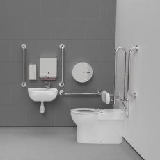 Nymas NymaCARE Premium Rimless RH Back to Wall Doc M Toilet Pack with TMV3 Valve - Polished Grab Rails