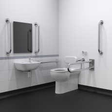 Nymas NymaCARE Premium Rimless RH Back to Wall Doc M Toilet Pack with TMV3 Valve - Satin Grab Rails