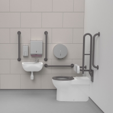Nymas NymaCARE Premium Rimless RH Back to Wall Doc M Toilet Pack with TMV3 Tap - Grey Grab Rails