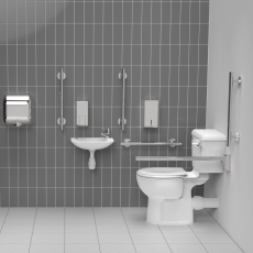 Nymas NymaSTYLE Close Coupled Doc M Toilet Pack with Seat, Lid and TMV3 Valve - Polished Grab Rails