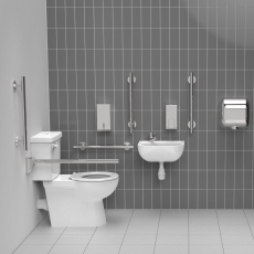 Nymas NymaSTYLE Premium Rimless LH Close Coupled Doc M Toilet Pack with TMV3 Valve - Polished Grab Rails