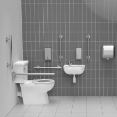 Nymas NymaSTYLE Premium Rimless LH Close Coupled Doc M Toilet Pack with TMV3 Valve - Satin Grab Rails