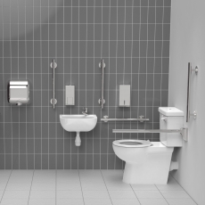 Nymas NymaSTYLE Premium Rimless RH Close Coupled Doc M Toilet Pack with TMV3 Valve - Polished Grab Rails