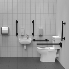 Nymas NymaSTYLE Premium Rimless RH Close Coupled Doc M Toilet Pack with TMV3 Tap - Matt Black Grab Rails