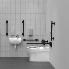 Nymas NymaSTYLE Premium Rimless RH Back to Wall Doc M Toilet Pack with TMV3 Tap - Matt Black Grab Rails