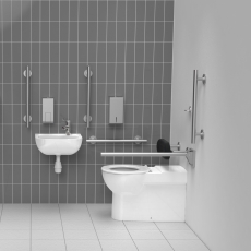 Nymas NymaSTYLE Premium Rimless RH Back to Wall Doc M Toilet Pack with TMV3 Tap - Satin Grab Rails