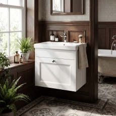 Old London Ashwick 500mm 1-Drawer Wall Hung Vanity Unit with Ceramic Basin