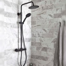 Prestige Nero Thermostatic Round Bar Shower Valve with Shower Kit and Fixed Head - Black