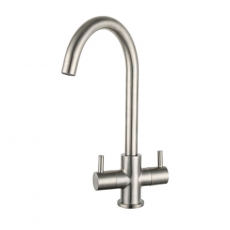 Prima Staten Swan Neck Dual Lever Kitchen Sink Mixer Tap - Brushed Steel