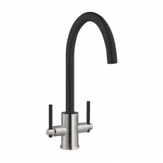 Prima Coloured Swan Neck Dual Lever Kitchen Sink Mixer Tap - Black/Brushed Steel