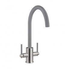 Prima Coloured Swan Neck Dual Lever Kitchen Sink Mixer Tap - Grey/Brushed Steel