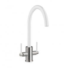 Prima Coloured Swan Neck Dual Lever Kitchen Sink Mixer Tap - White/Brushed Steel