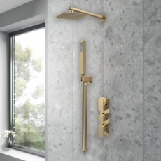 Delphi Edge Brushed Brass Triple Concealed Shower Set with Fixed Head and Handset
