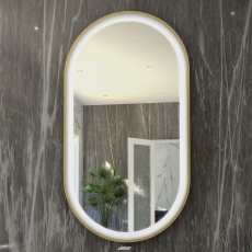 RAK Art Oval LED Illuminated Bathroom Mirror with Demister Pad 1000mm H x 450mm W - Brushed Gold