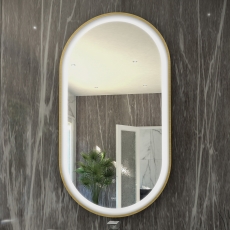 RAK Art Oval LED Illuminated Bathroom Mirror with Demister Pad 1000mm H x 550mm W - Brushed Gold