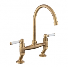 Rangemaster Aquaclassic Belfast Traditional Bridge Dual Lever Kitchen Sink Mixer Tap - Antique Brass/White