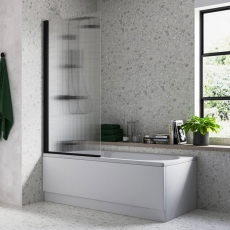 Signature Fluted Single Matt Black Square Hinged Bath Screen 1500mm High x 800mm Wide - 5mm Glass