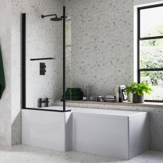 Signature Matt Black L-Shaped Hinged Bath Screen with Rail 1500mm High x 815mm Wide - 6mm Glass
