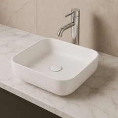 Signature Olmec Square Countertop Basin with Unslotted Waste 390mm Wide 0 Tap Hole - Matt White