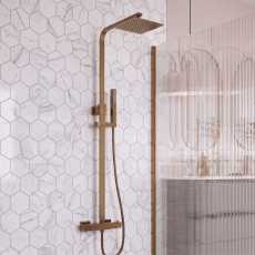 Signature React Square Thermostatic Bar Mixer Shower with Shower Kit + Fixed Head - Brushed Bronze